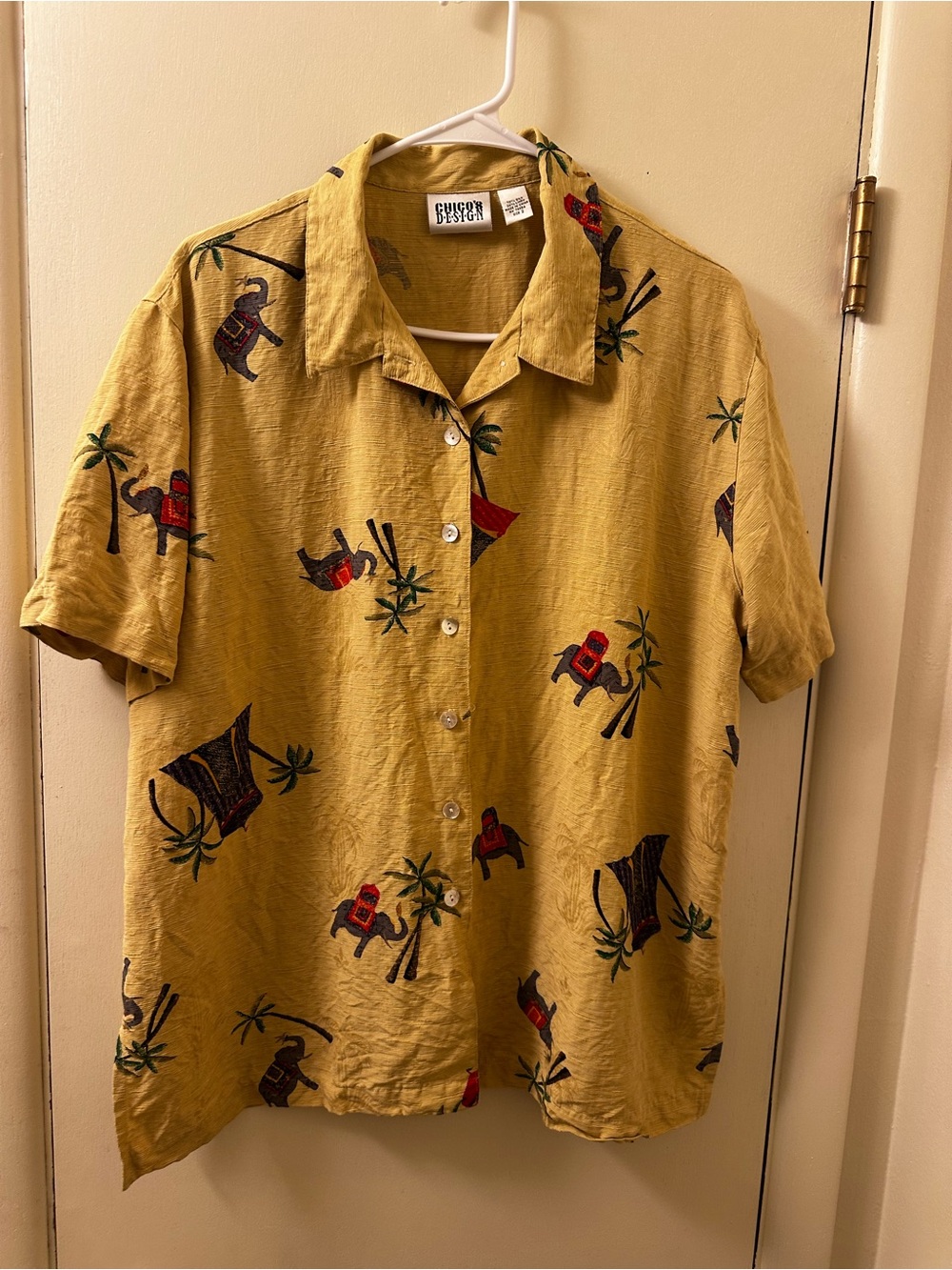 Chico's Yellow Short-Sleeve Button-Down Shirt with Tropical Motif